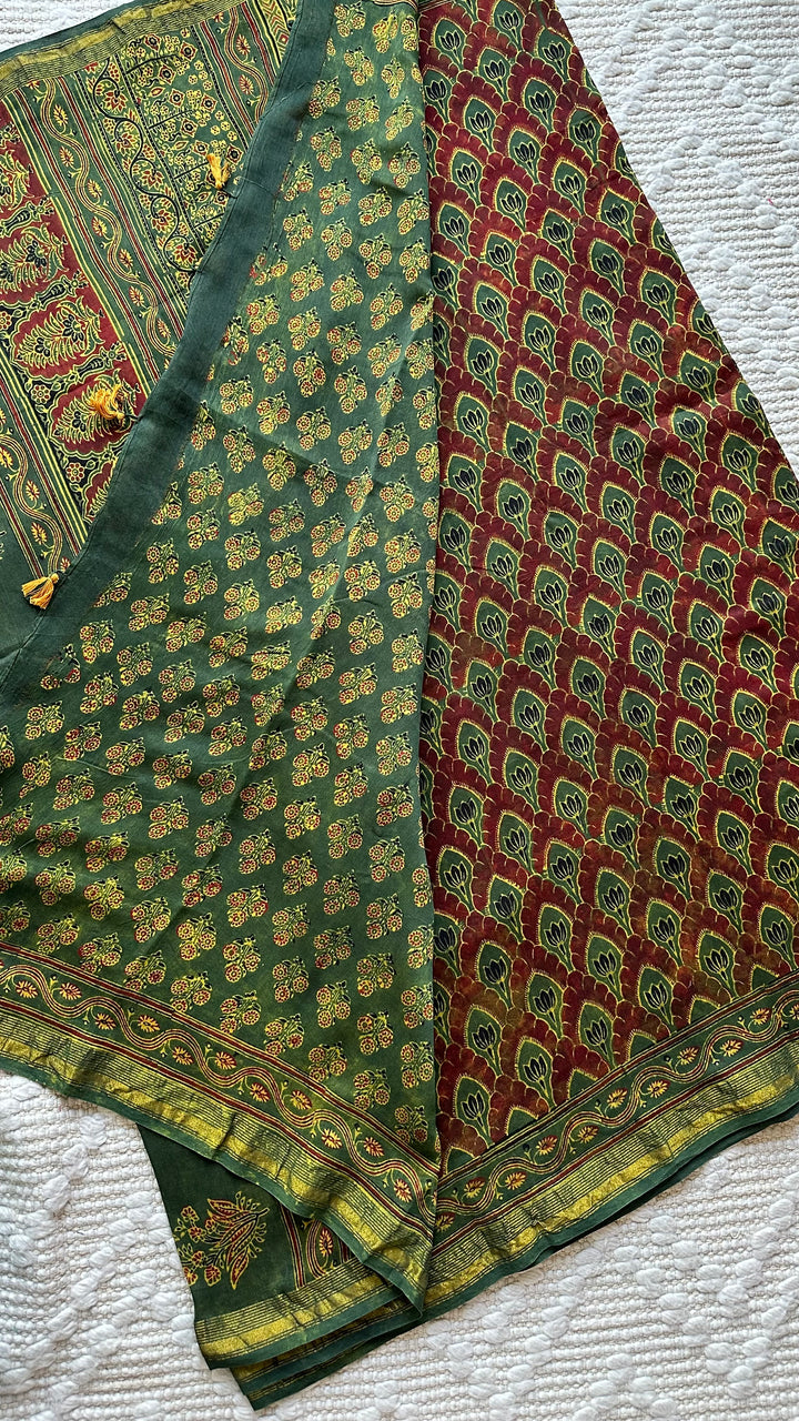 LOTUS PANES - MADDER RED AND GREEN AJRAKH HAND BLOCK PRINTED SILK COTTON SAREE