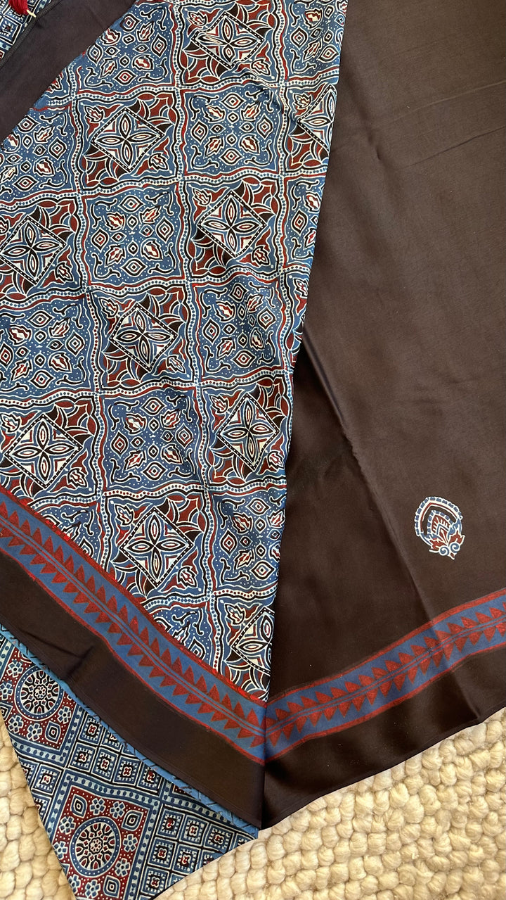 MIDNIGHT BLACK CHARMS  - AJRAKH HAND BLOCK PRINTED PREMIUM MODAL SILK SAREE