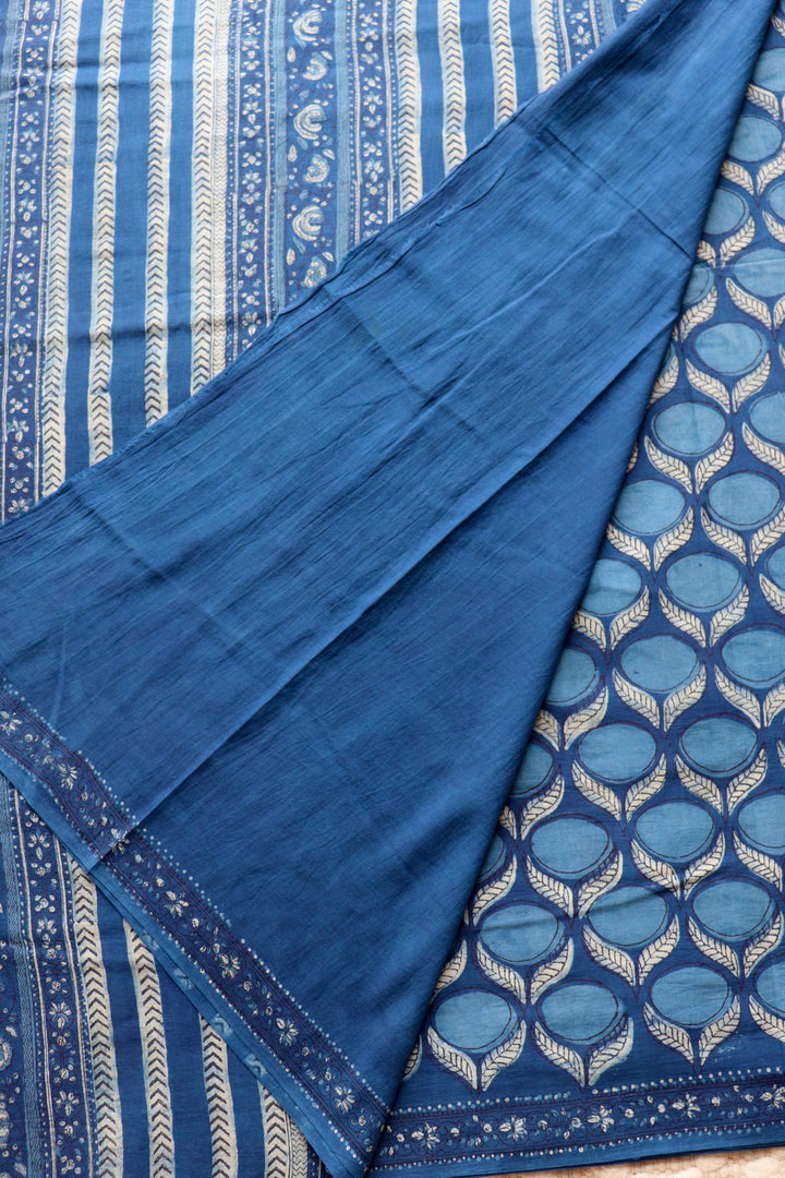 AKOLA INDIGO HAND BLOCK DABU PRINTED SOFT MULMUL COTTON SAREE- 020