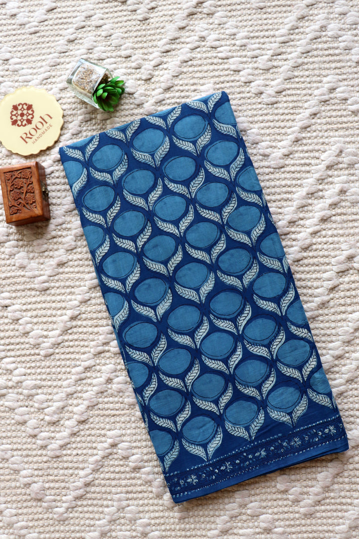 AKOLA INDIGO HAND BLOCK DABU PRINTED SOFT MULMUL COTTON SAREE- 020