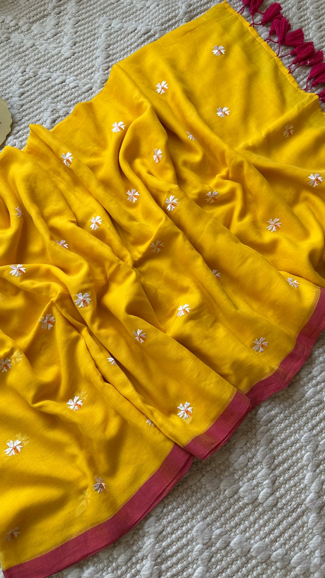 SHIULI - SUNSHINE YELLOW WITH PINK BORDER SUPER SOFT MUL COTTON SAREE (DISPATCH TIME - 7 TO 10 DAYS)