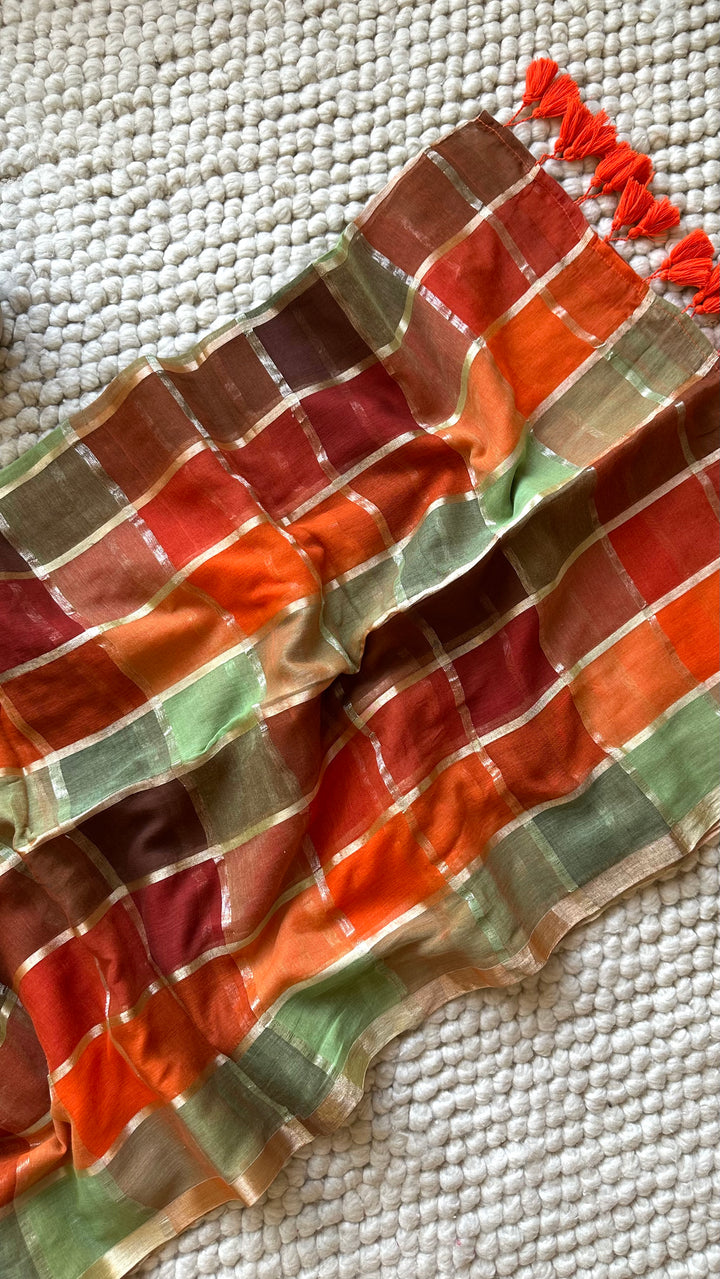 HANDWOVEN MULTICOLOUR CHECKERED MULMUL COTTON SAREE - 02 (DISPATCH TIME - 5 TO 7 DAYS)