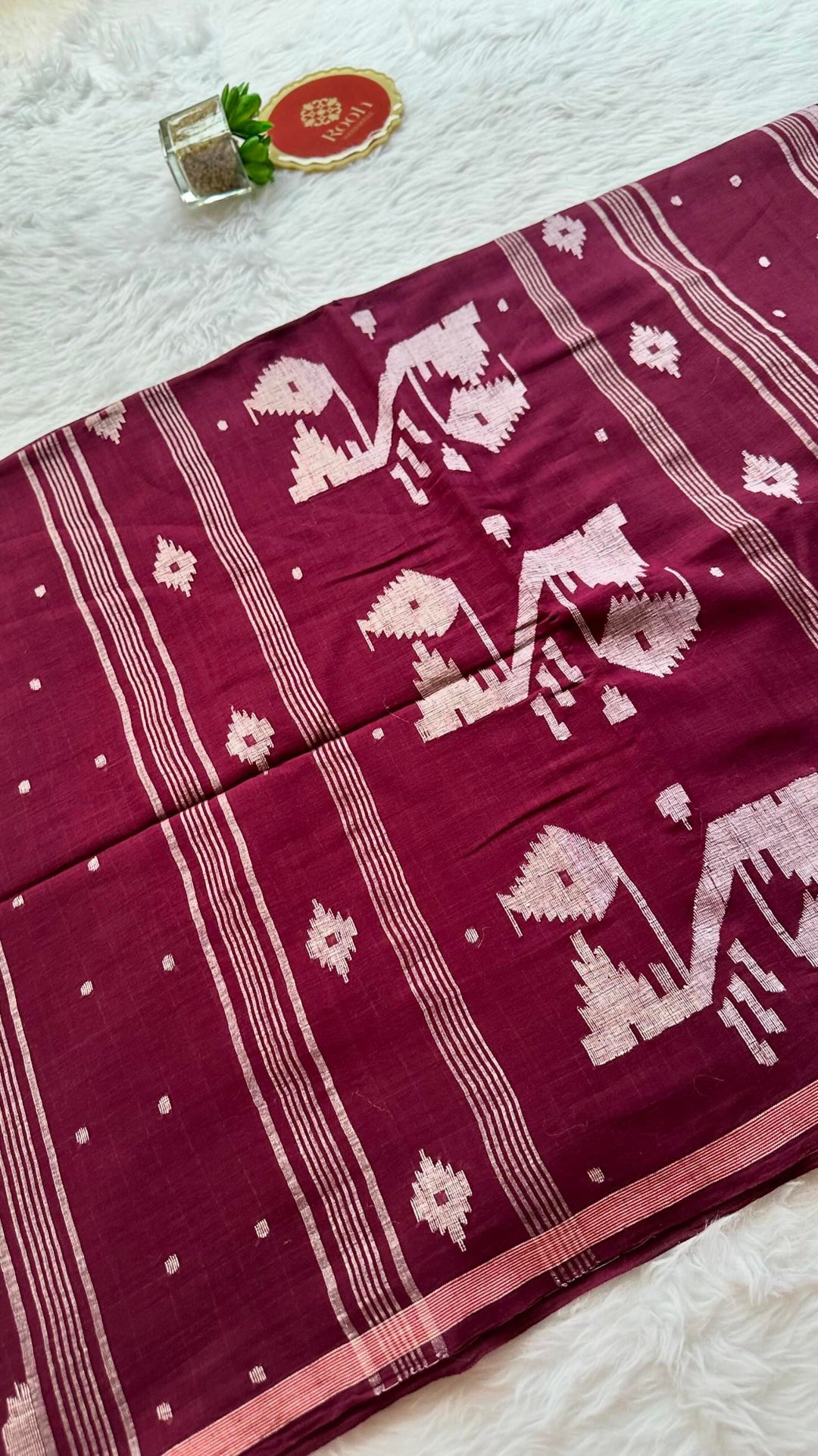 PREMIUM JAMDANI WEAVE HANDWOVEN AND HANDSPUN COTTON SAREE - BURGUNDY WINE