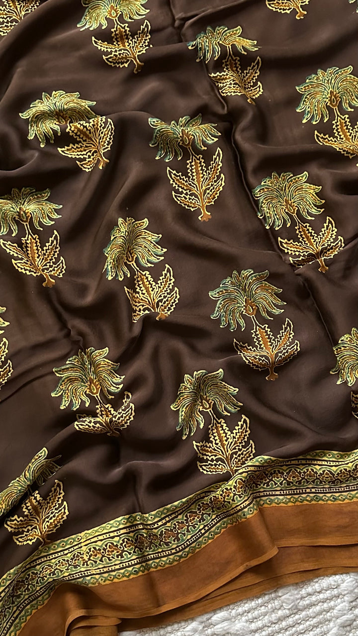 CINNAMON BLOSSOMS - DEEP BROWN PREMIUM AJRAKH HAND BLOCK PRINTED MODAL SILK SAREE(ONLY AVAILABLE ON PRE ORDER- DISPATCH TIME IS 30-45 DAYS)