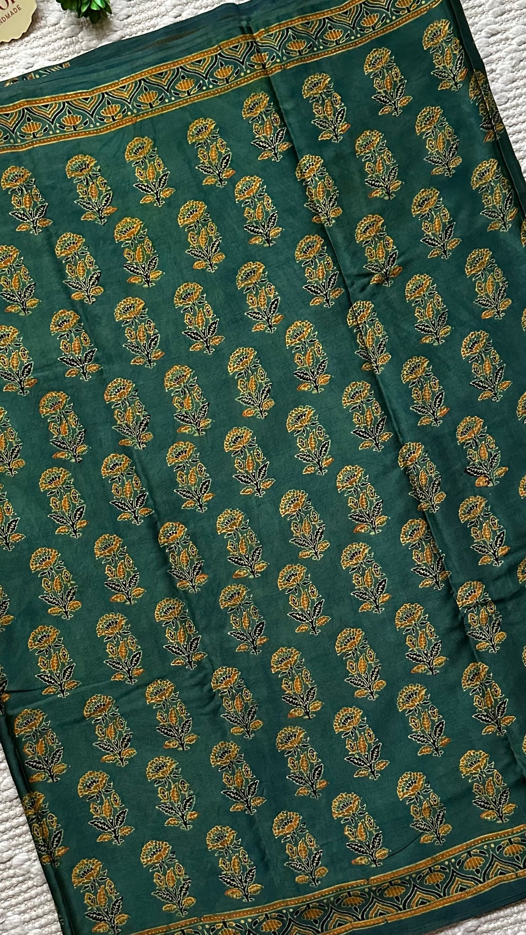 MAHIKA - DEEP GREEN PREMIUM AJRAKH HAND BLOCK PRINTED MODAL SILK SAREE