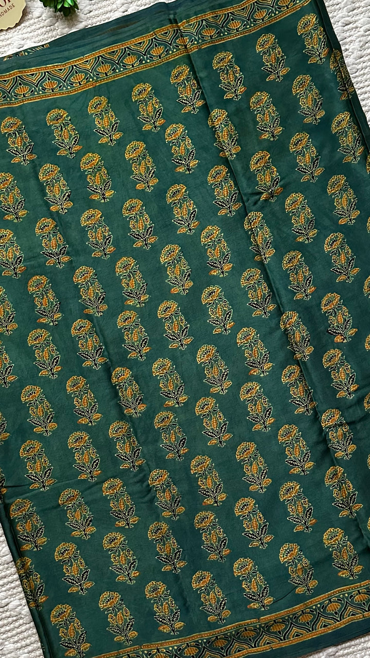 MAHIKA - DEEP GREEN PREMIUM AJRAKH HAND BLOCK PRINTED MODAL SILK SAREE