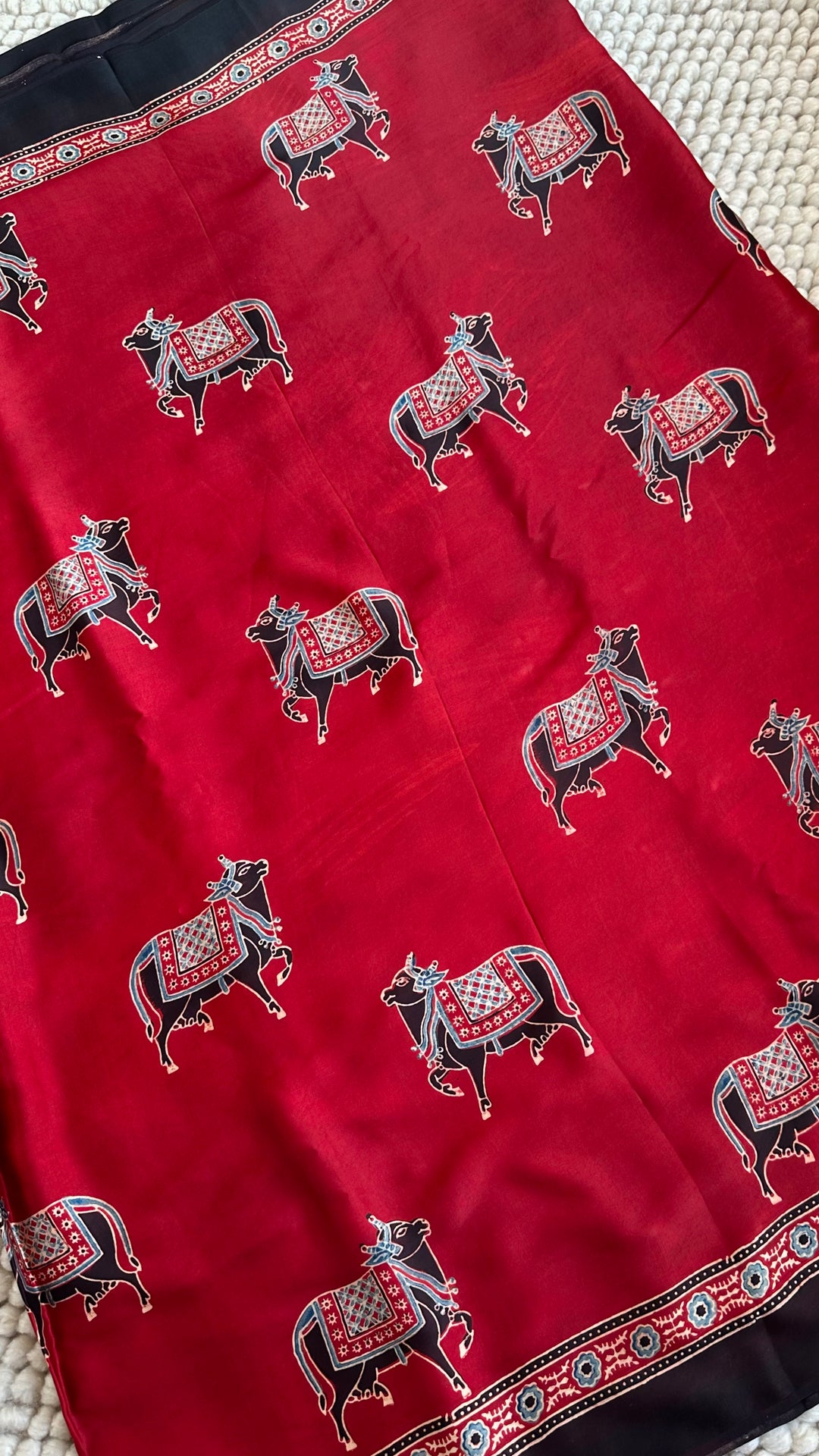 MADDER RED & BLACK PICHWAI NANDI - AJRAKH HAND BLOCK PRINTED PREMIUM MODAL SILK SAREE (AVAILABLE ON PRE-ORDER - DISPATCH TIME IS 30-35 DAYS)