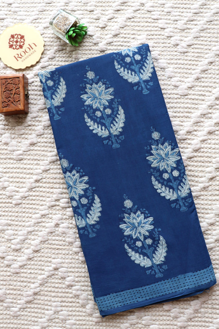 AKOLA INDIGO HAND BLOCK DABU PRINTED SOFT MULMUL COTTON SAREE- 019