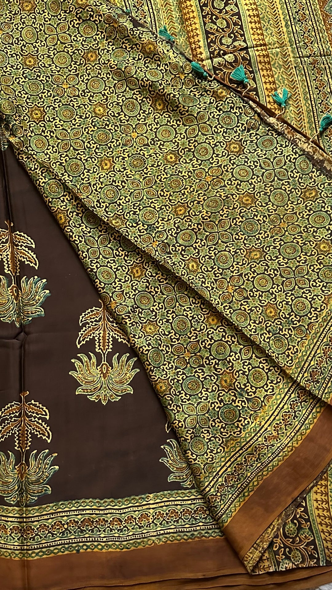 CINNAMON BLOSSOMS - DEEP BROWN PREMIUM AJRAKH HAND BLOCK PRINTED MODAL SILK SAREE(ONLY AVAILABLE ON PRE ORDER- DISPATCH TIME IS 30-45 DAYS)