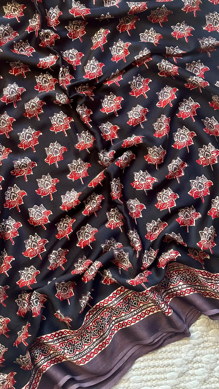 LOTUS BLOOMS 01 - SUPER PREMIUM & BUTTERY SOFT AJRAKH HAND BLOCK PRINTED MODAL SILK SAREE