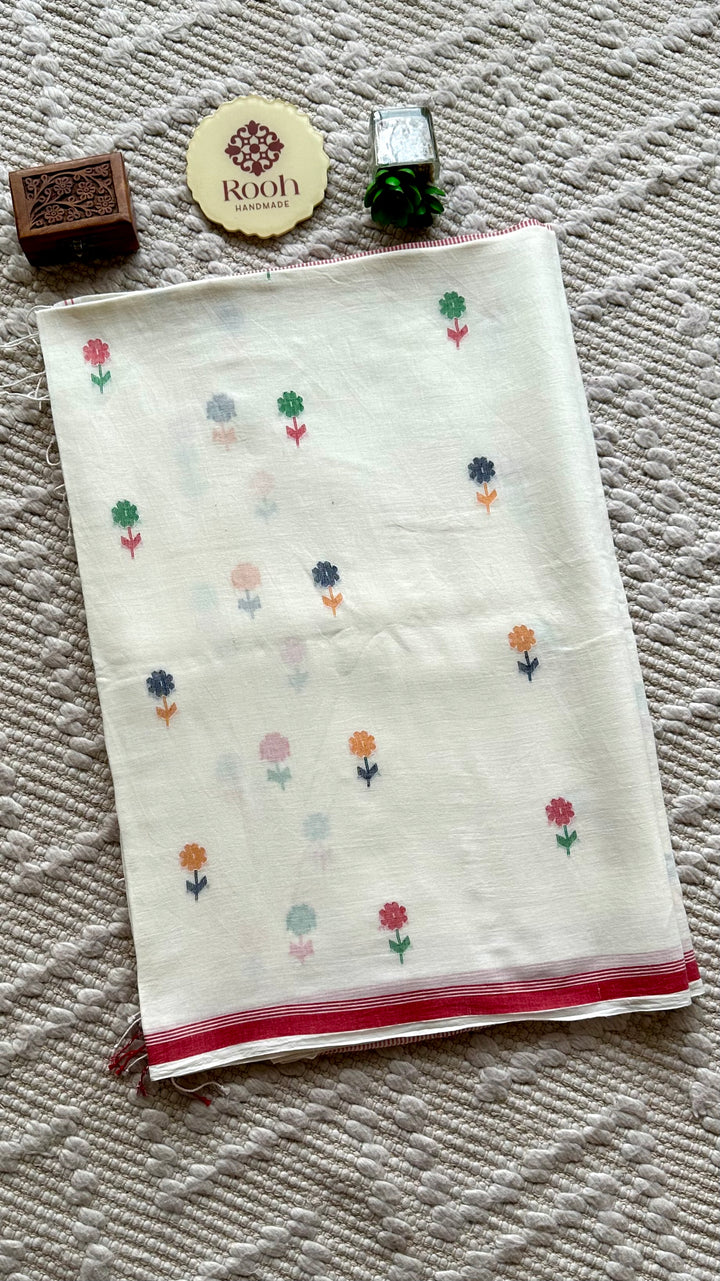 PREMIUM JAMDANI WEAVE HANDWOVEN AND HANDSPUN COTTON SAREE - WHITE & RED BLOSSOMS