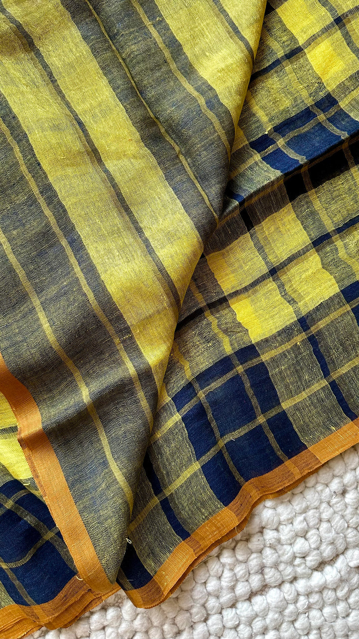 Multi Colour Checked Pure Handwoven Linen Saree - 010