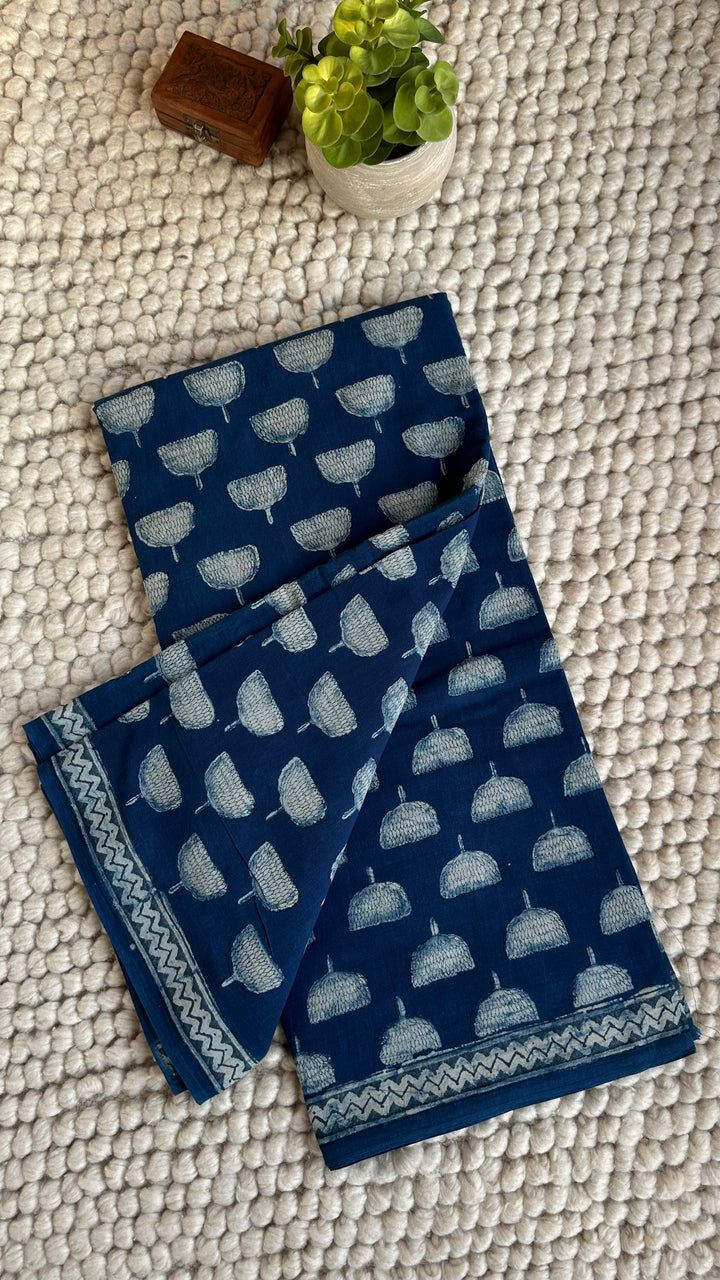 AKOLA INDIGO HAND BLOCK DABU PRINTED SOFT MULMUL COTTON SAREE- 029