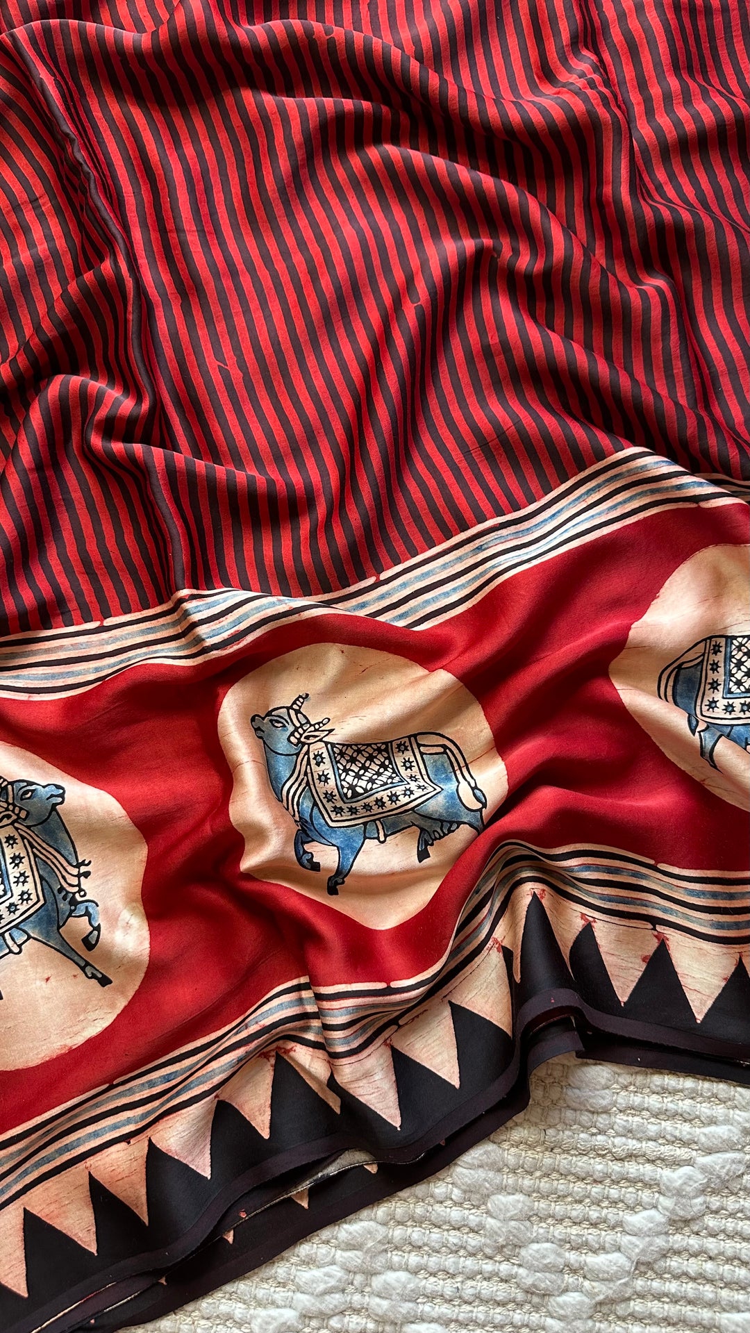 RED AND BLACK STRIPED PICHWAI - PREMIUM  AJRAKH HAND BLOCK PRINTED MODAL SILK SAREE (AVAILABLE ON PRE-ORDER - DISPATCH TIME IS 30-35 DAYS)