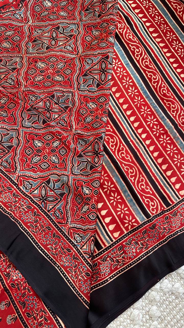 RAAHINI - MADDER RED PREMIUM AJRAKH HAND BLOCK PRINTED MODAL SILK SAREE