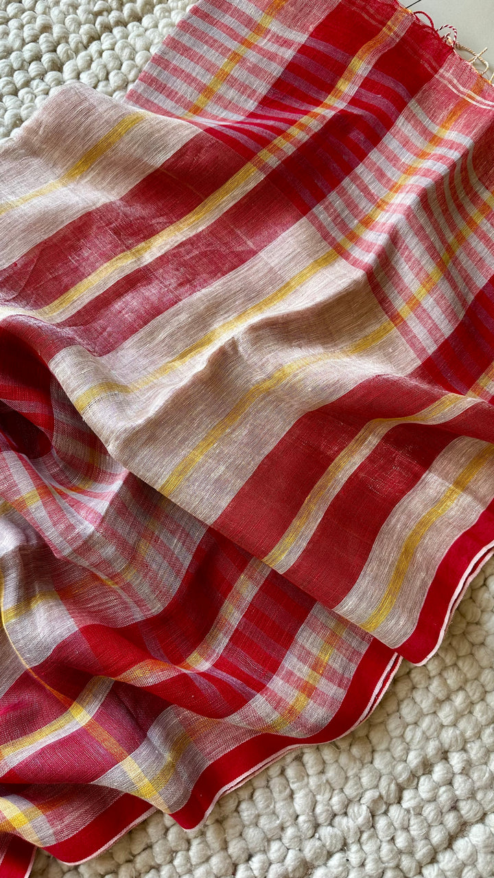 Multi Colour Checked Pure Handwoven Linen Saree - 003