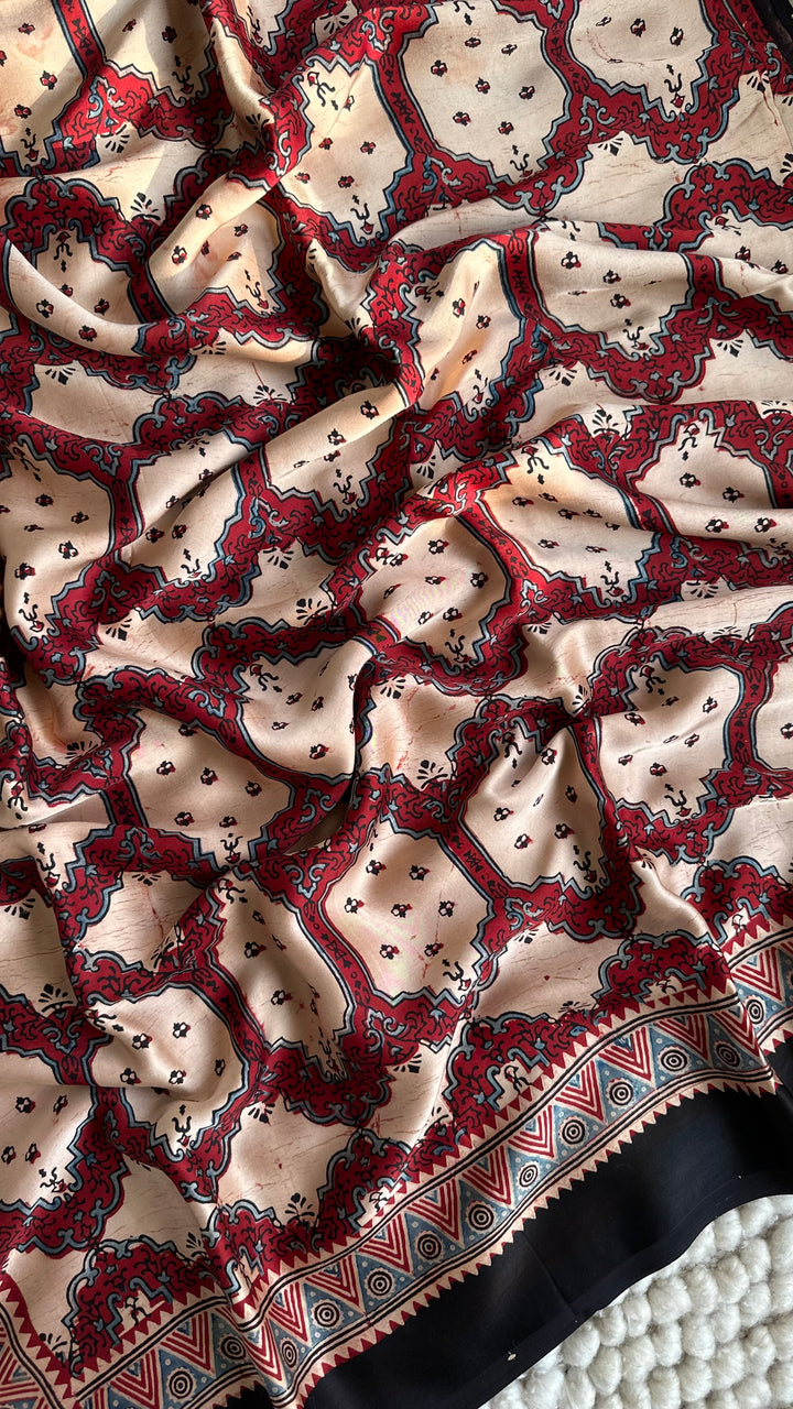 IVORY PANES - AJRAKH HAND BLOCK PRINTED PREMIUM MODAL SILK SAREE