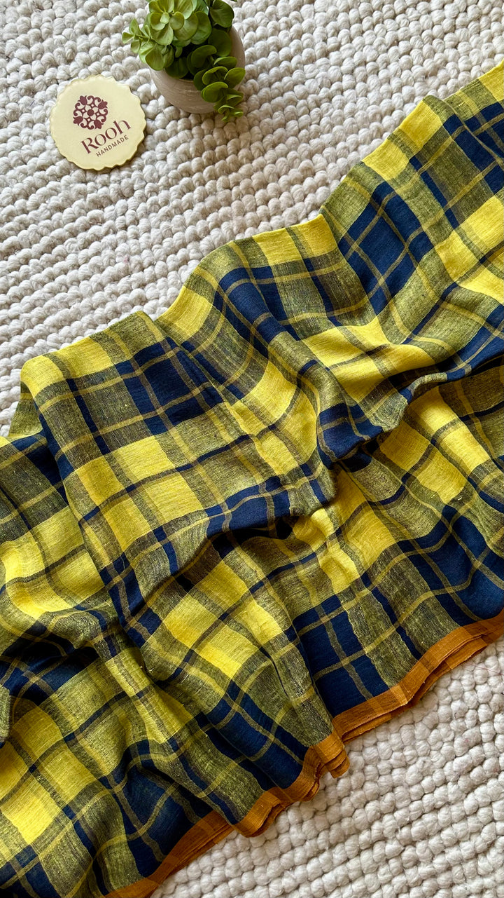 Multi Colour Checked Pure Handwoven Linen Saree - 010