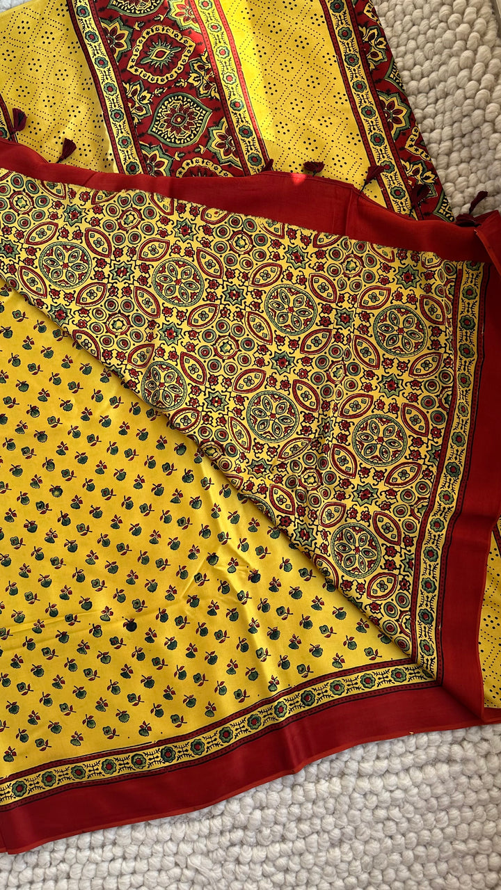 SUNSET BLOOMS - AJRAKH HAND BLOCK PRINTED PREMIUM MODAL SILK SAREE