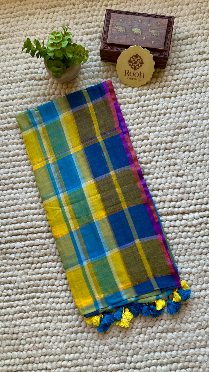 HANDWOVEN MULTICOLOUR ZARI CHECKS PURE MULMUL COTTON SAREE - 07