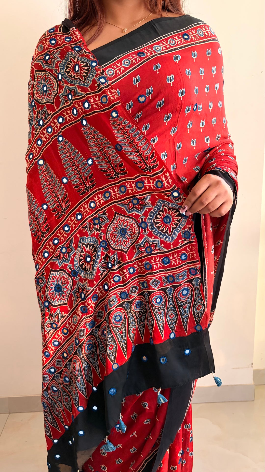 NOOR- AJRAKH MADDER RED HAND BLOCK PRINTED PREMIUM MODAL SILK SAREE WITH MIRROR HAND-EMBROIDERY (ONLY AVAILABLE ON PRE-ORDER - DISPATCH TIME IS 20-25 DAYS)