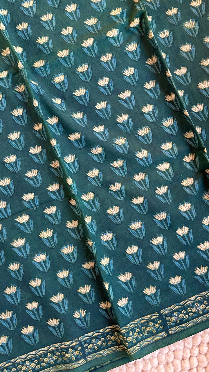 AKOLA INDIGO GREEN HAND BLOCK DABU PRINTED SOFT MULMUL COTTON SAREE- 032