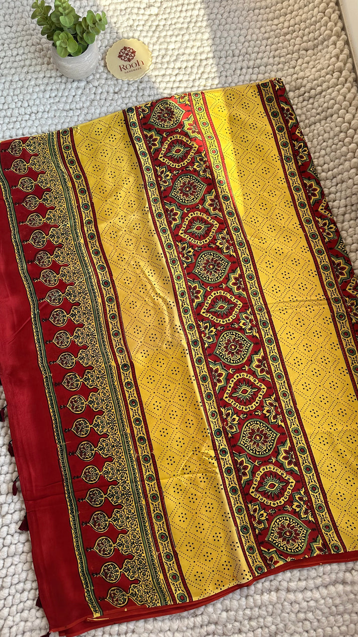 SUNSET BLOOMS - AJRAKH HAND BLOCK PRINTED PREMIUM MODAL SILK SAREE