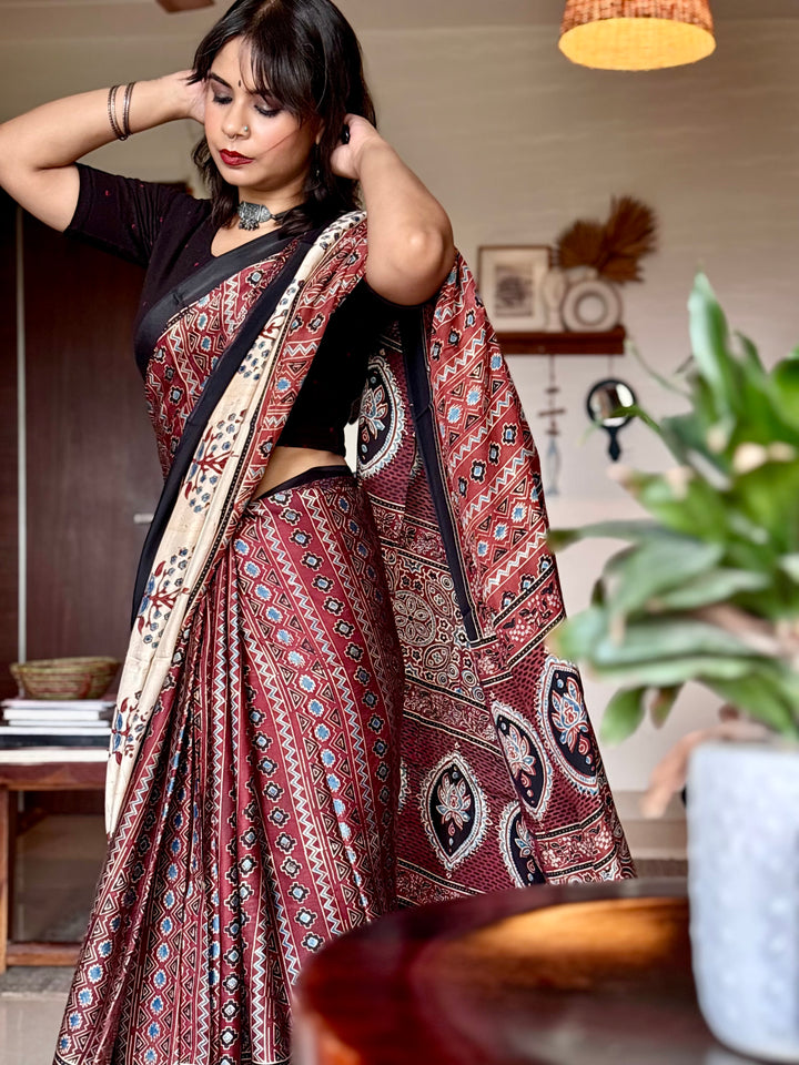 MAHOGANY RADIANCE - AJRAKH HAND BLOCK PRINTED MODAL SILK SAREE