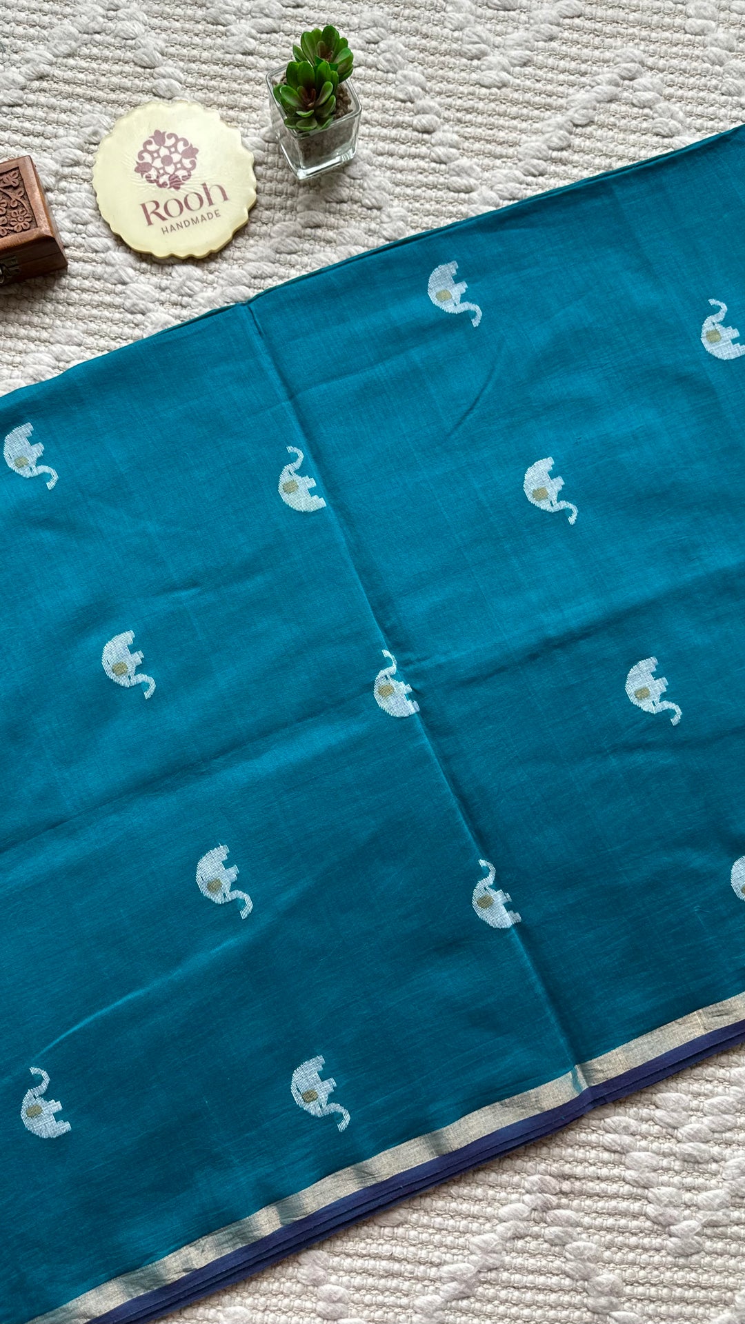 PREMIUM JAMDANI WEAVE HANDWOVEN PURE SILK BY PURE COTTON SAREE - TEAL BLUE