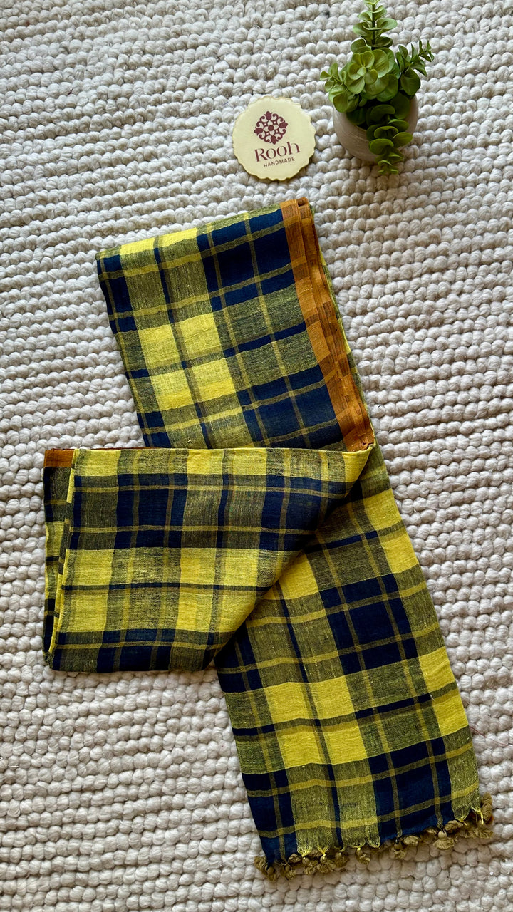Multi Colour Checked Pure Handwoven Linen Saree - 010