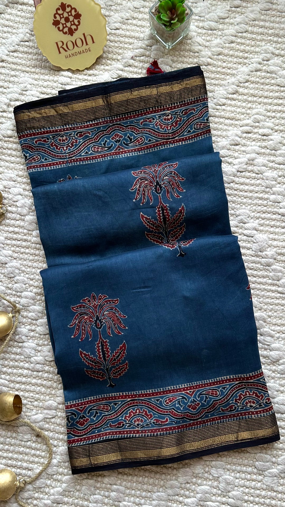 INDIGO BLOSSOMS - AJRAKH HAND BLOCK PRINTED SILK COTTON SAREE