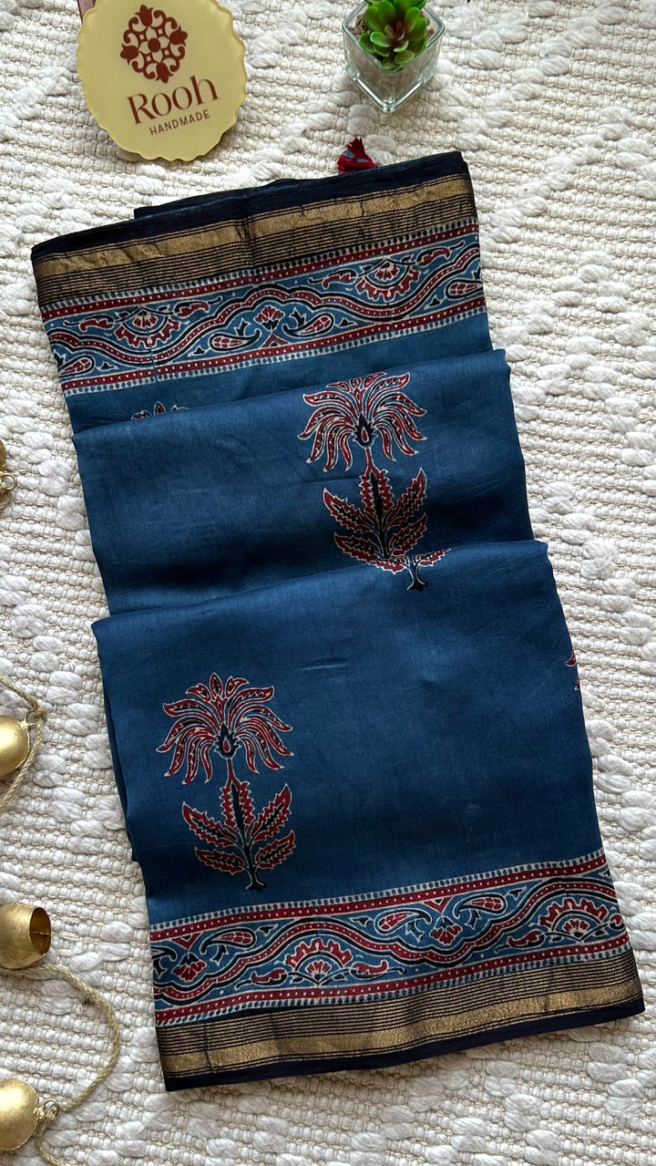 INDIGO BLOSSOMS - AJRAKH HAND BLOCK PRINTED SILK COTTON SAREE