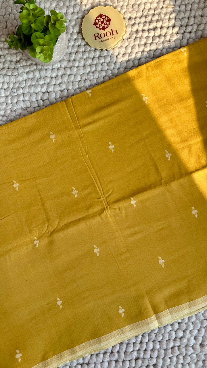 PREMIUM NEEDLE WORK JAMDANI HANDWOVEN AND HANDSPUN COTTON SAREE -  OCHRE YELLOW