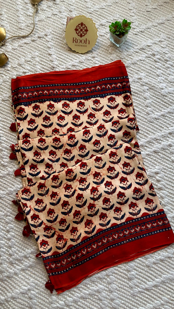HUES OF AUTUMN- SUPER PREMIUM & BUTTERY SOFT AJRAKH HAND BLOCK PRINTED MODAL SILK SAREE (DISPATCH TIME IS 5 TO 7 DAYS)