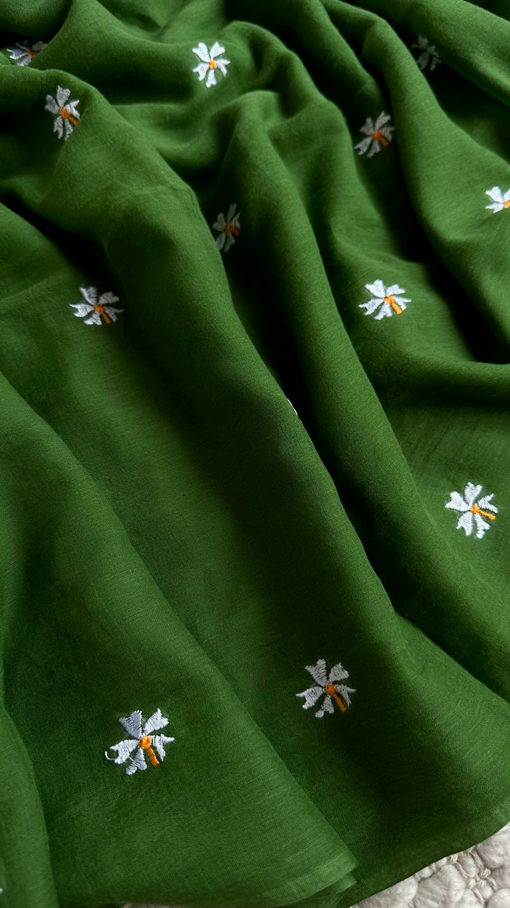 SHIULI - FOREST GREEN SUPER SOFT MUL COTTON SAREE (DISPATCH TIME - 7 TO 10 DAYS)