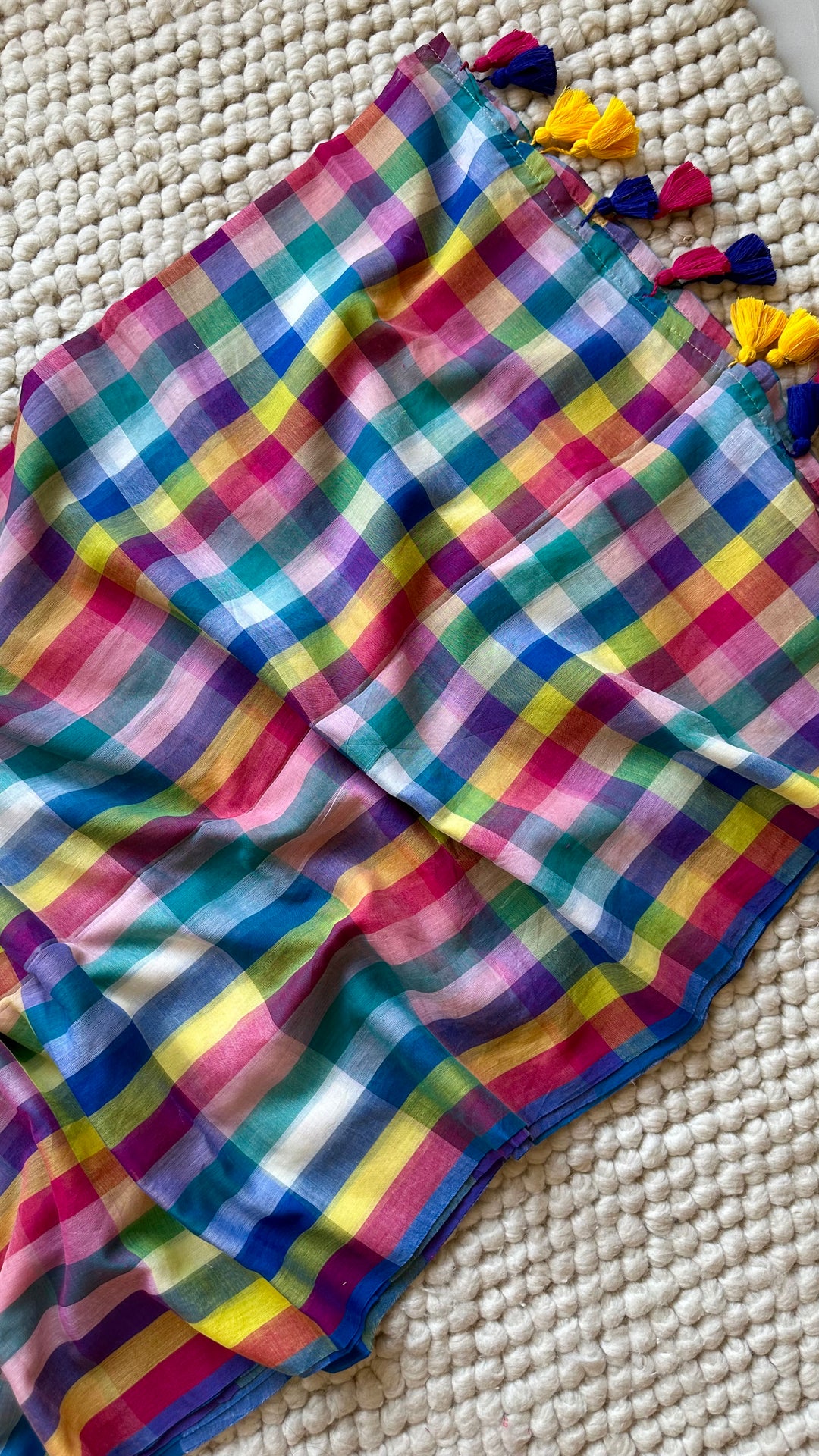 HANDWOVEN MULTICOLOUR CHECKERED MULMUL COTTON SAREE - 05 (DISPATCH TIME - 7 TO 10 DAYS)