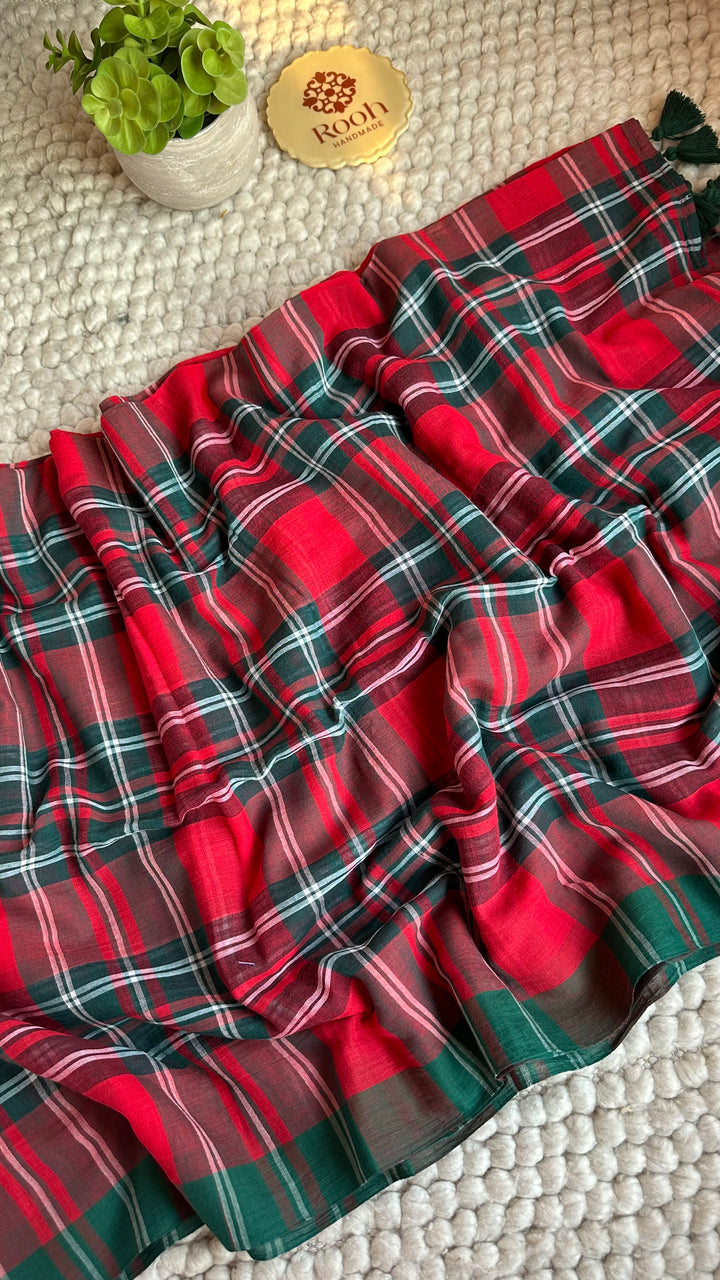 MULTICOLOUR CHECKS PURE SUPER SOFT MULMUL COTTON SAREE - 018