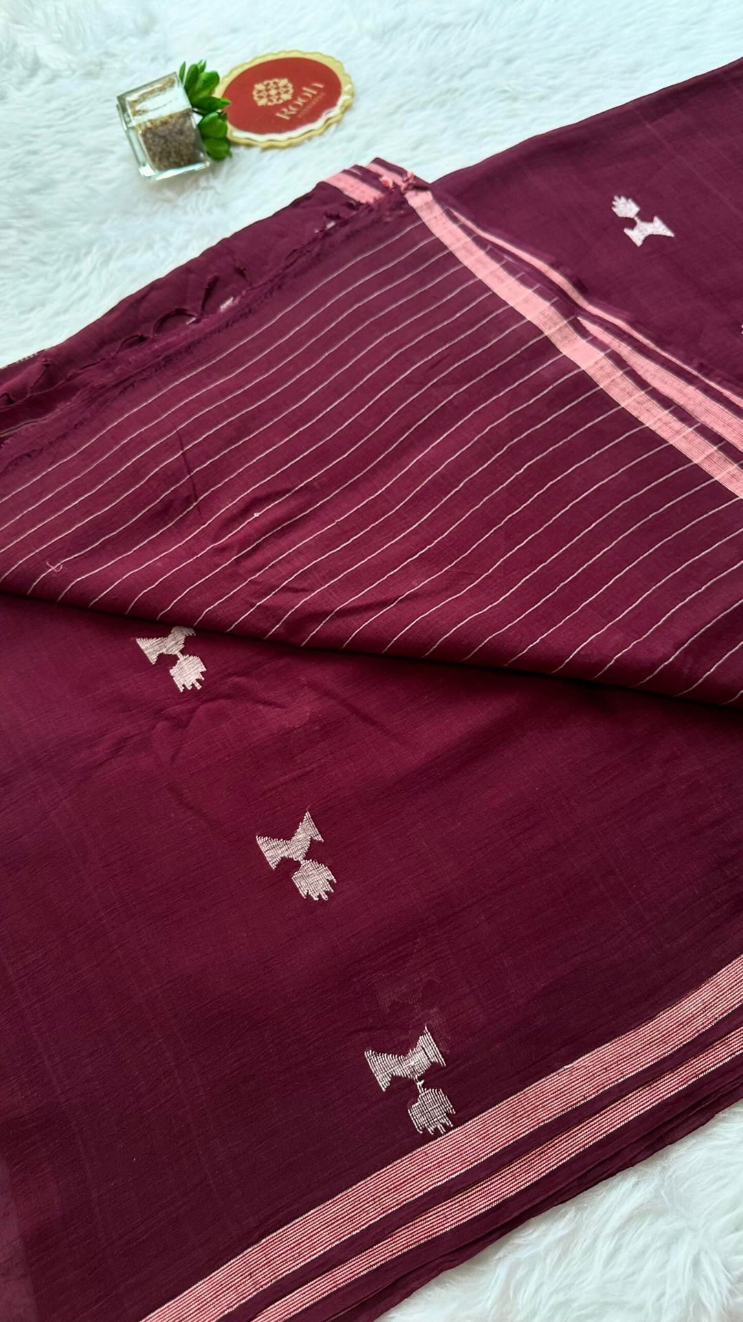 PREMIUM JAMDANI WEAVE HANDWOVEN AND HANDSPUN COTTON SAREE - BURGUNDY WINE