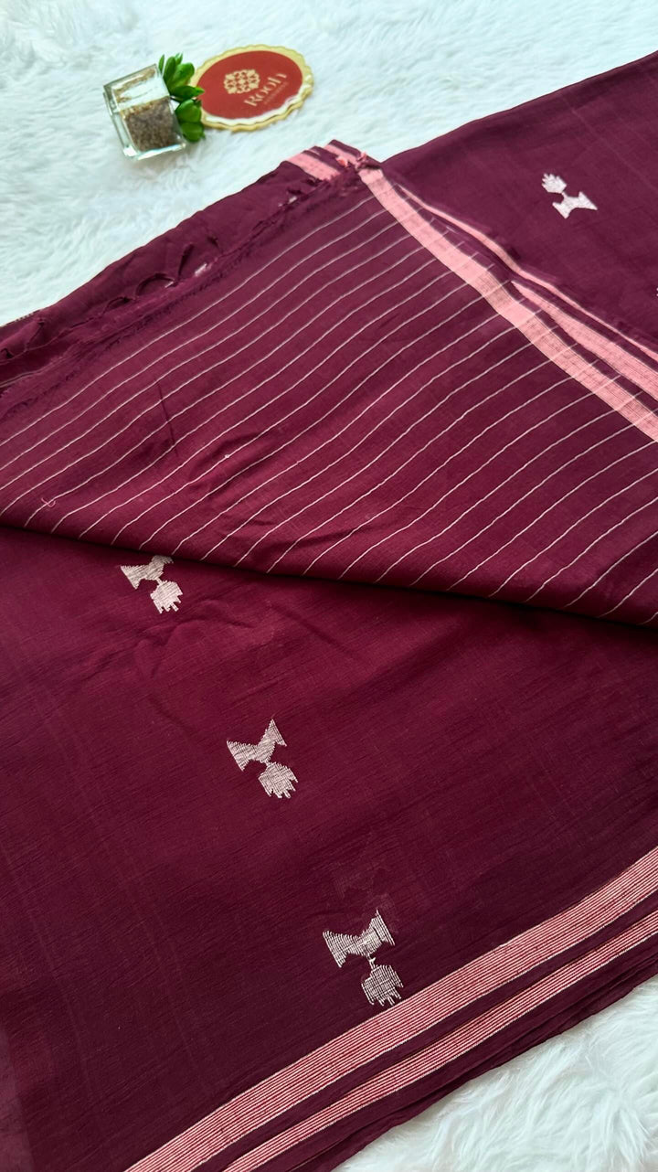 PREMIUM JAMDANI WEAVE HANDWOVEN AND HANDSPUN COTTON SAREE - BURGUNDY WINE