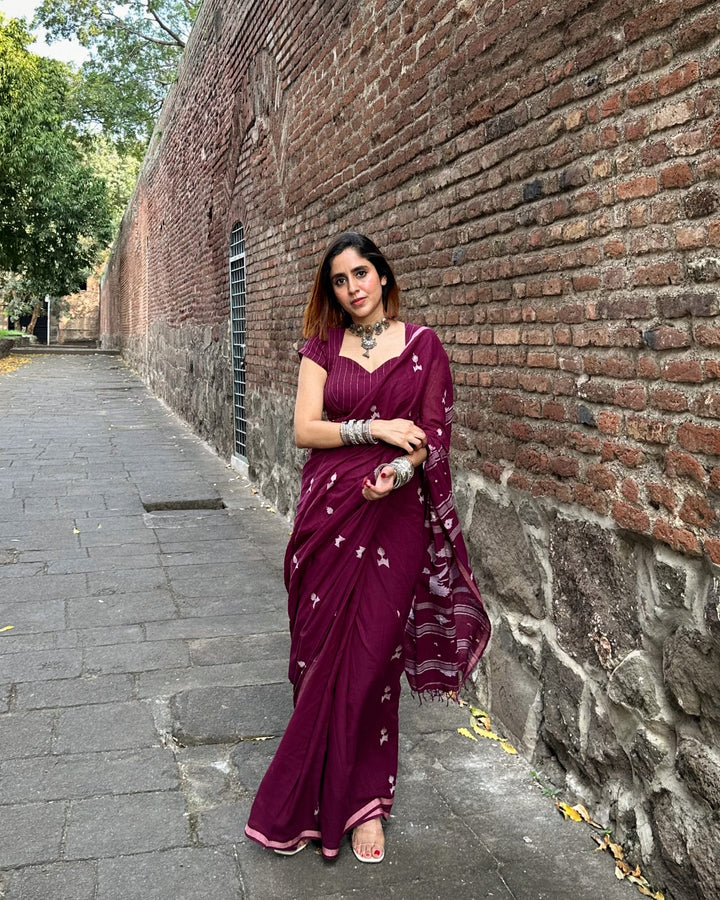 PREMIUM JAMDANI WEAVE HANDWOVEN AND HANDSPUN COTTON SAREE - BURGUNDY WINE