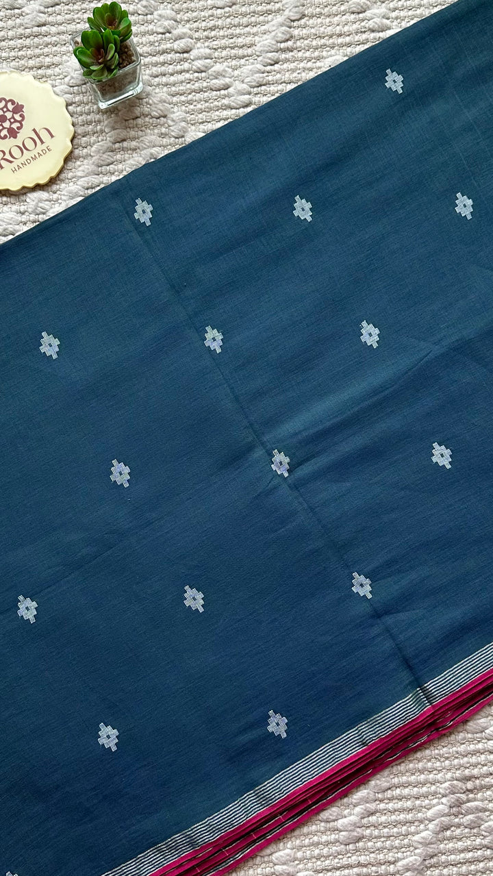 PREMIUM JAMDANI WEAVE HANDWOVEN AND HANDSPUN COTTON SAREE - PEACOCK BLUE
