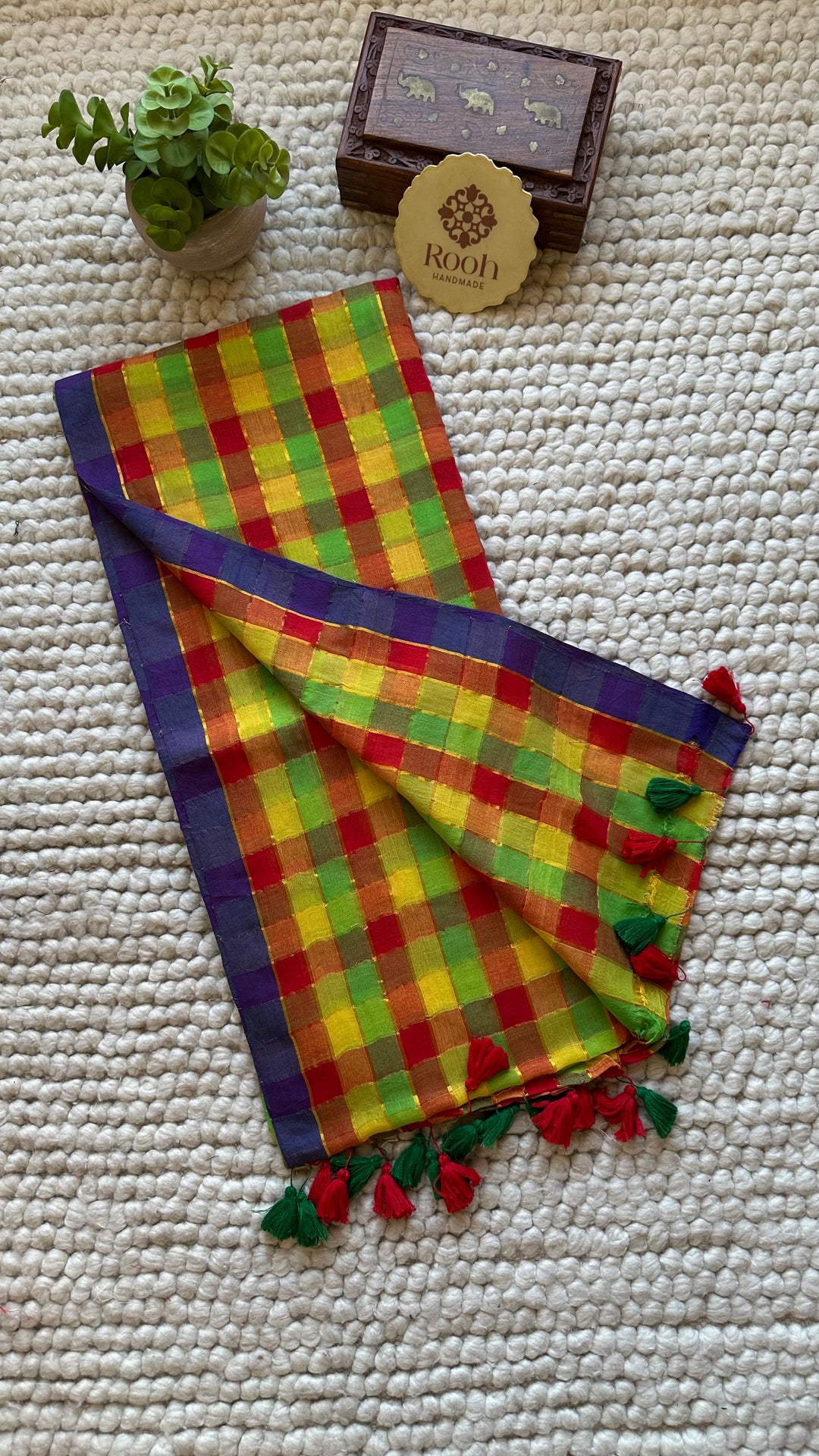 HANDWOVEN MULTICOLOUR ZARI CHECKS PURE MULMUL COTTON SAREE - 014