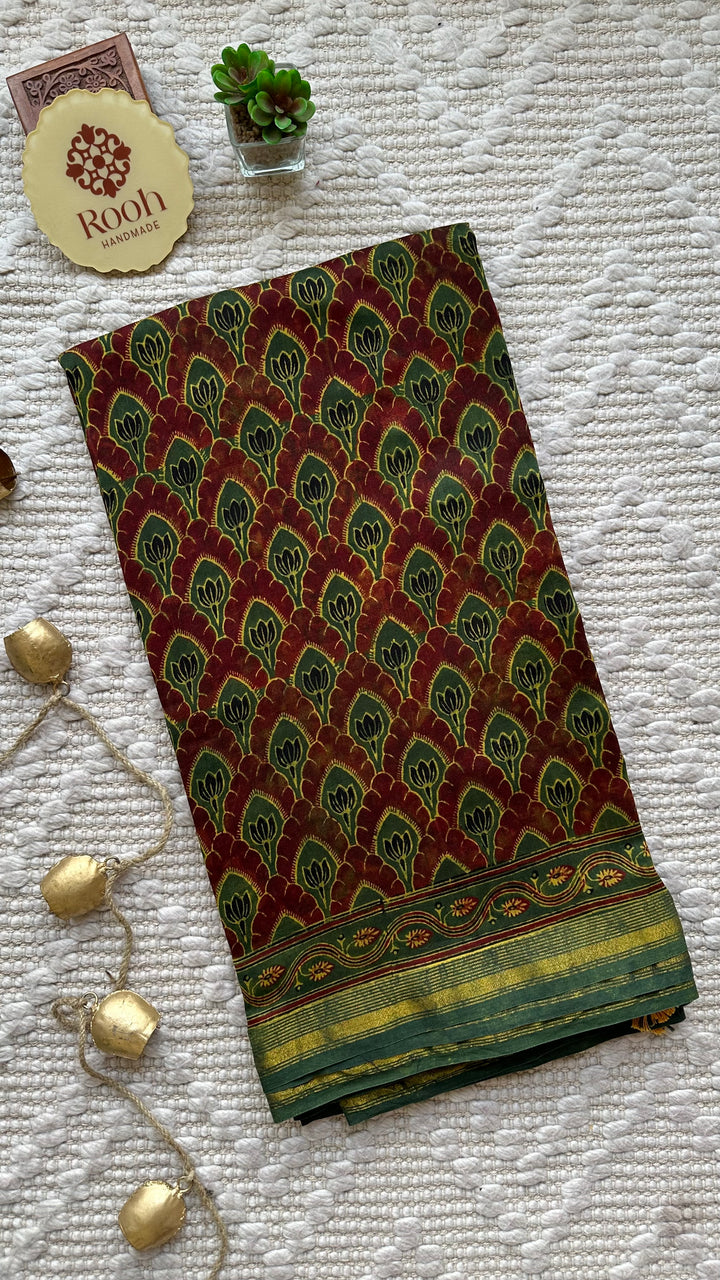 LOTUS PANES - MADDER RED AND GREEN AJRAKH HAND BLOCK PRINTED SILK COTTON SAREE
