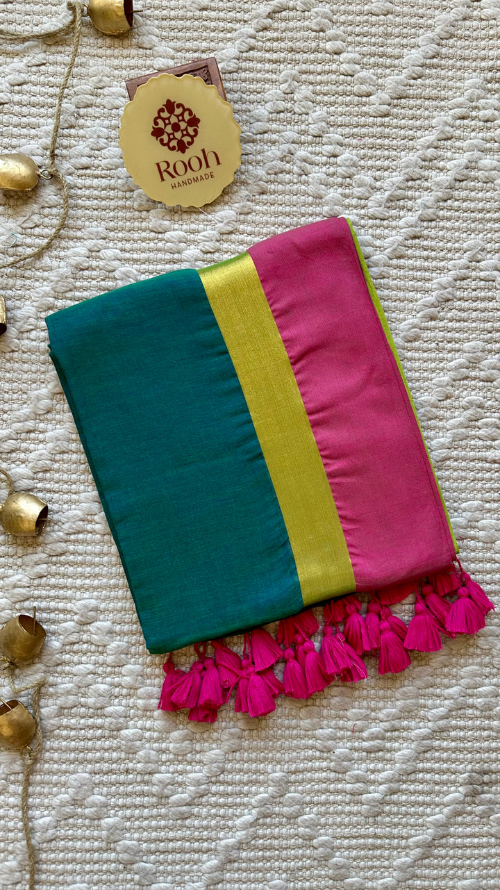 PEACOCK GREEN WITH CONTRAST PINK BORDER-  SUPER SOFT MUL COTTON SAREE