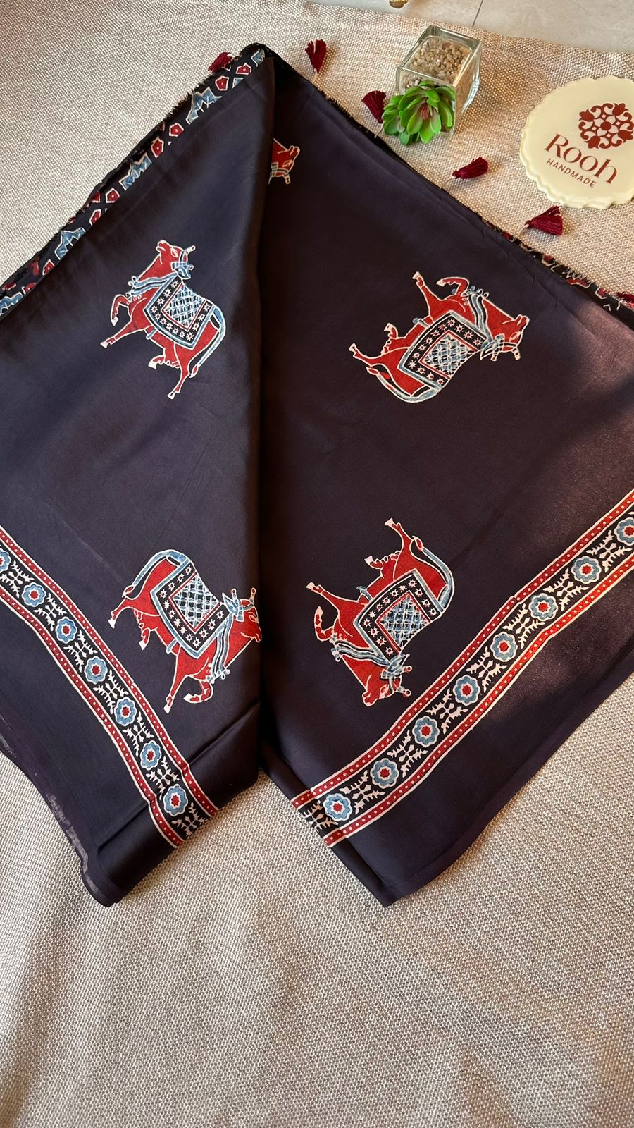 BLACK PICHWAI NANDI - AJRAKH HAND BLOCK PRINTED MODAL SILK SAREE (ONLY AVAILABLE ON PRE ORDER - DISPATCH TIME IS 30-40 DAYS)