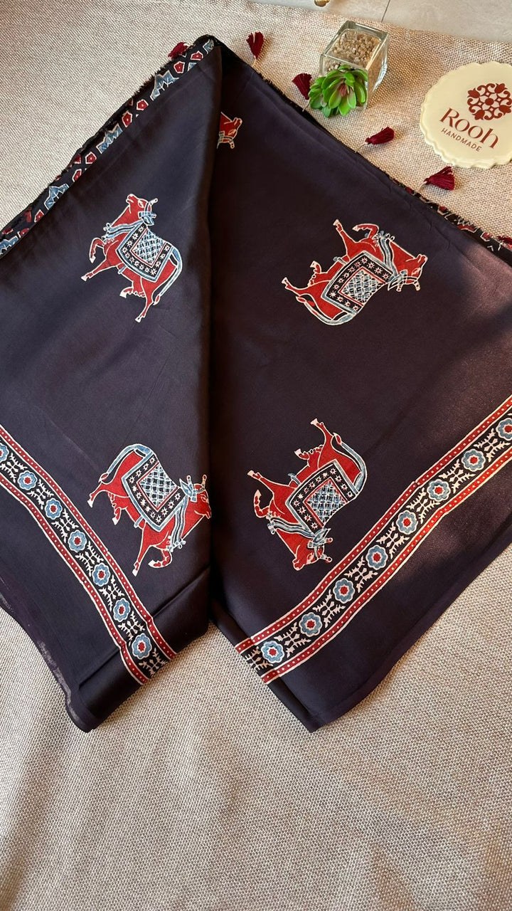 BLACK PICHWAI NANDI - AJRAKH HAND BLOCK PRINTED MODAL SILK SAREE (ONLY AVAILABLE ON PRE ORDER - DISPATCH TIME IS 30-40 DAYS)