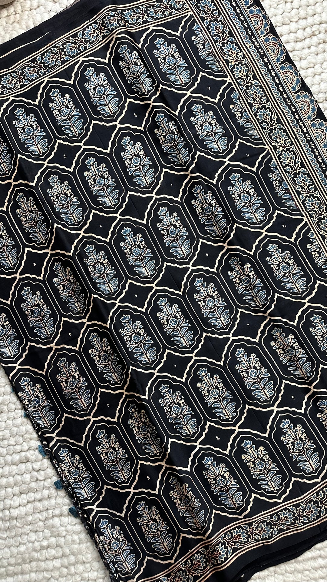 JHAROKHA- MIDNIGHT BLACK AJRAKH HAND BLOCK PRINTED PREMIUM MODAL SILK SAREE