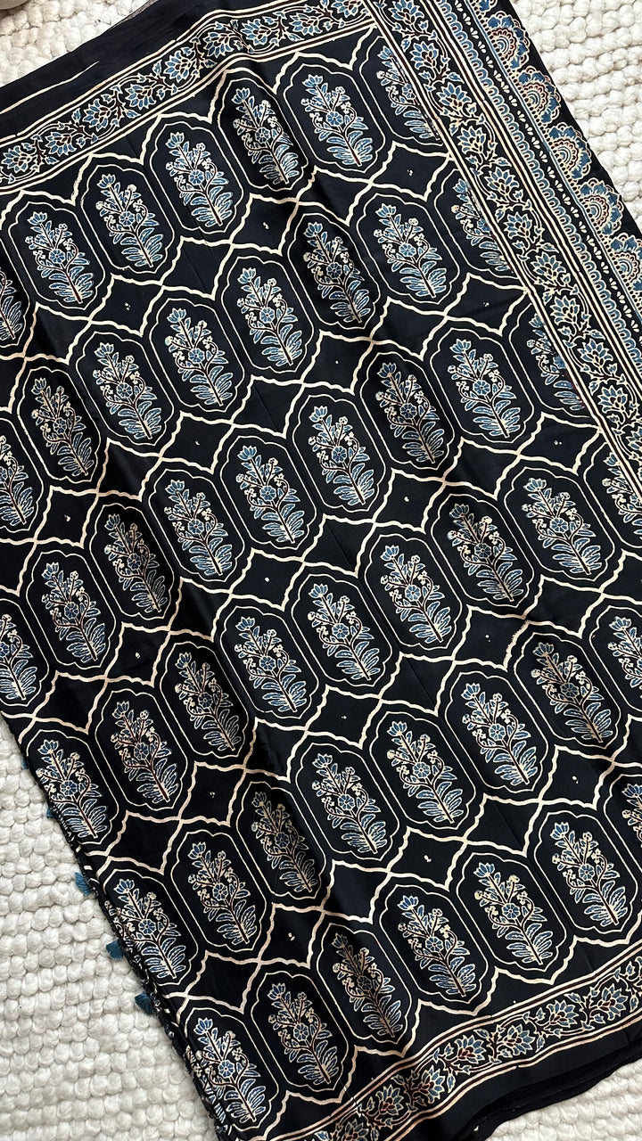 JHAROKHA- MIDNIGHT BLACK AJRAKH HAND BLOCK PRINTED PREMIUM MODAL SILK SAREE