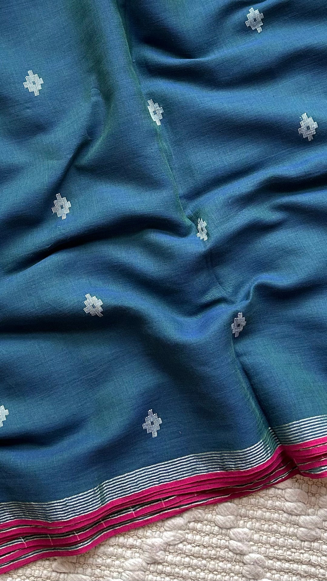 PREMIUM JAMDANI WEAVE HANDWOVEN AND HANDSPUN COTTON SAREE - PEACOCK BLUE