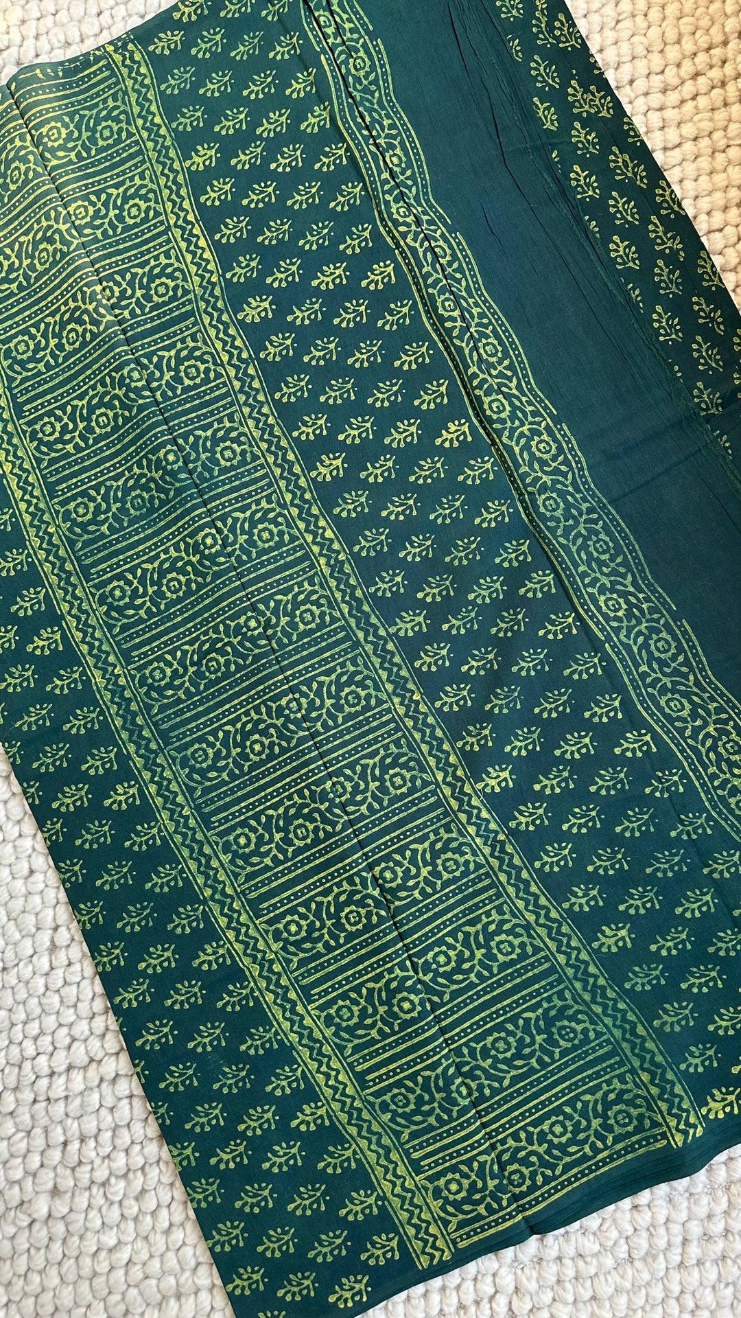 AKOLA INDIGO GREEN HAND BLOCK DABU PRINTED SOFT MULMUL COTTON SAREE- 033